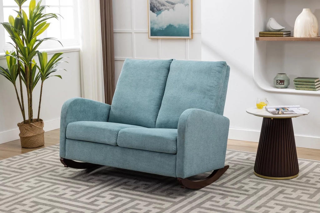 Wooden Oversized Rocking Chair, Accent Rocker Chair with Side Pocket, 2 Seat Glider Rocking Chair with Upholstered Backrest and Armrests for Living Room Small Space, Light Blue