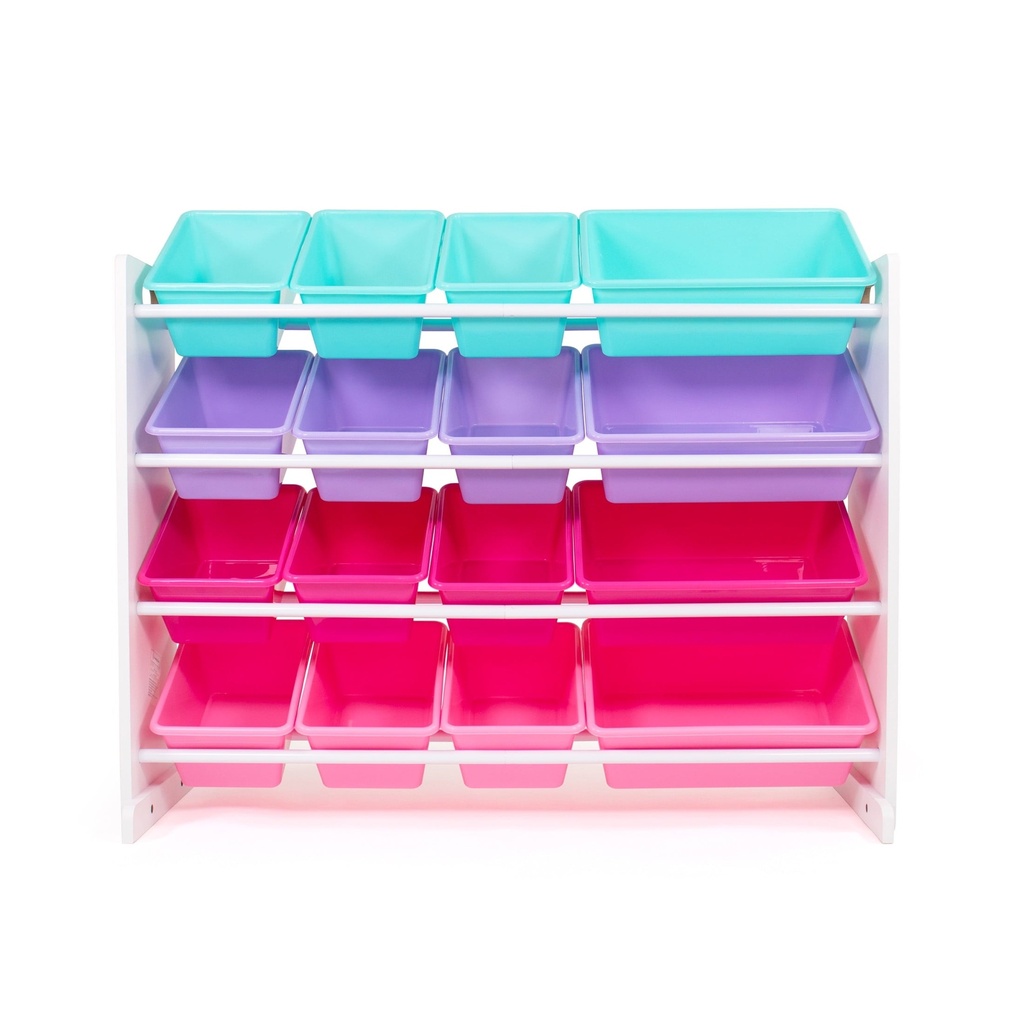 Humble Crew Forever Supersized Toy Storage Organizer with 16 Plastic Storage Bins, White/Pink/Purple/Turquoise