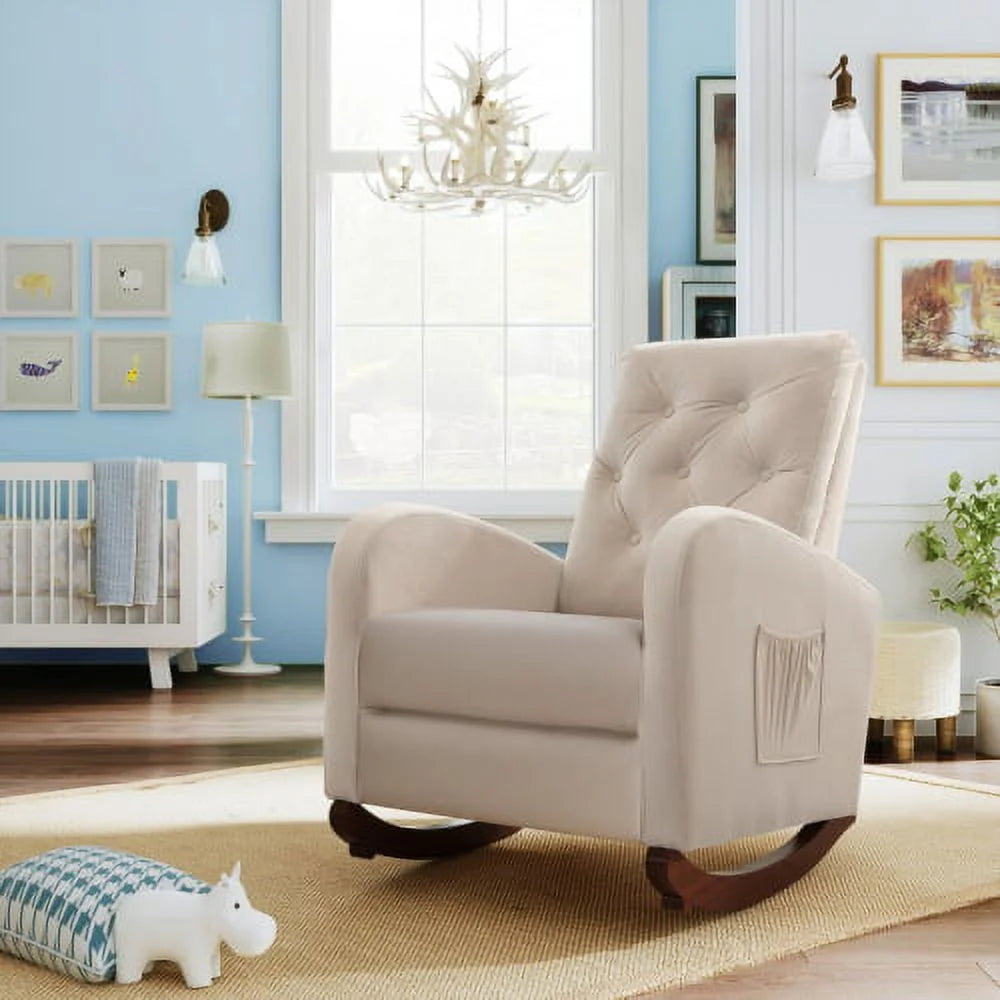 High Back Rocking Chair, Upholstered Nursery Chair with Side Pocket, Velvet Button Tufted Sofa Chair with Wood Base and Padded Seat Cushion, Glider Rocker for Living Room Bedroom Office, Beige