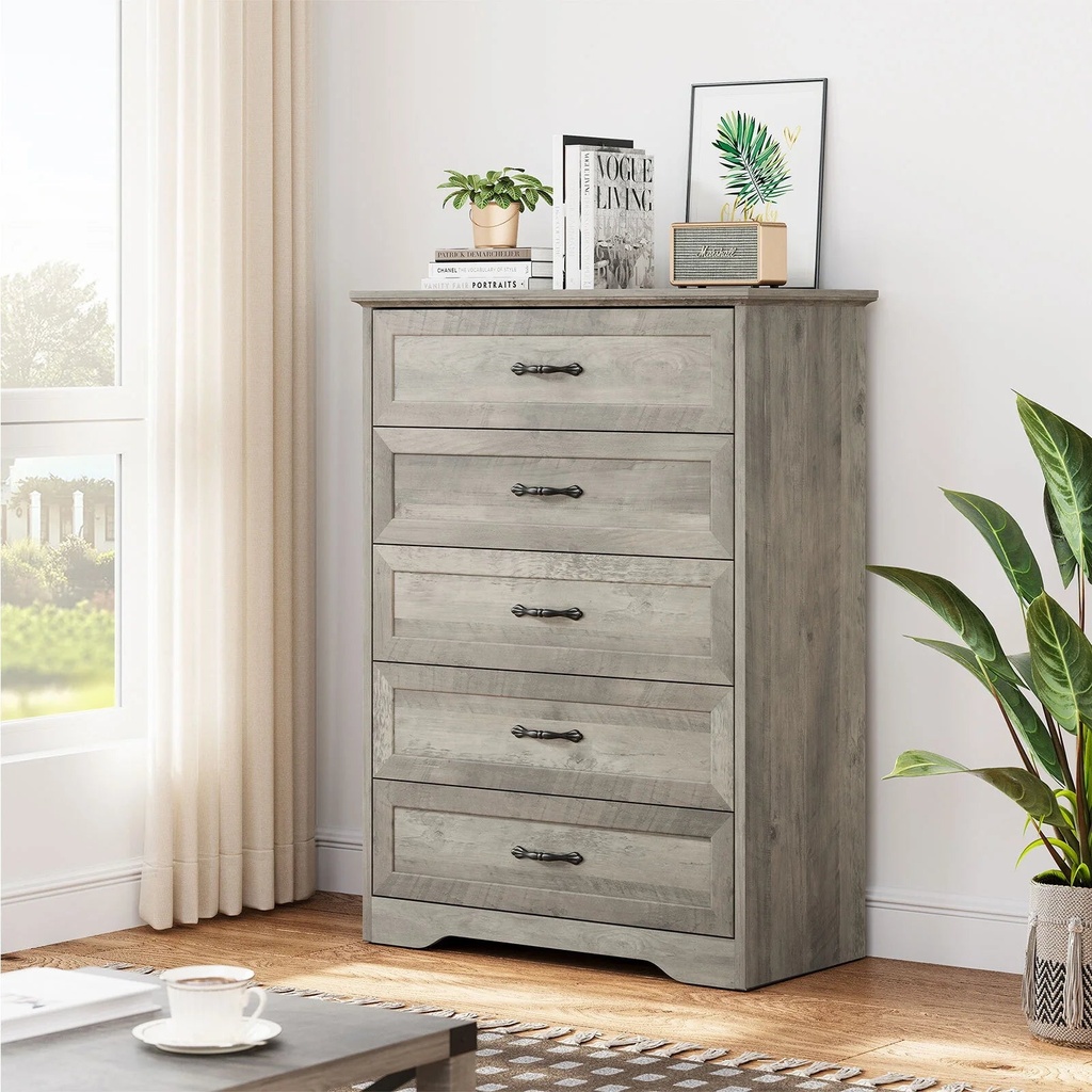 HOSSLLY Dresser of 5 Drawers, Dresser Chest with Easy Pull Handle for Bedroom, Living Room, Grey Finish