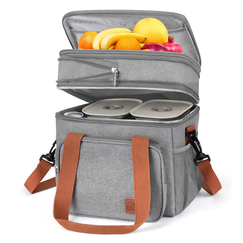 Insulated Lunch Bag for Women Men, 17L Double Deck Reusable Lunch Box Cooler Bag, Expandable Leakproof Lunch Tote Bag with Side Pocket Adjustable Shoulder Strap for Office School Picnic Beach, Gray