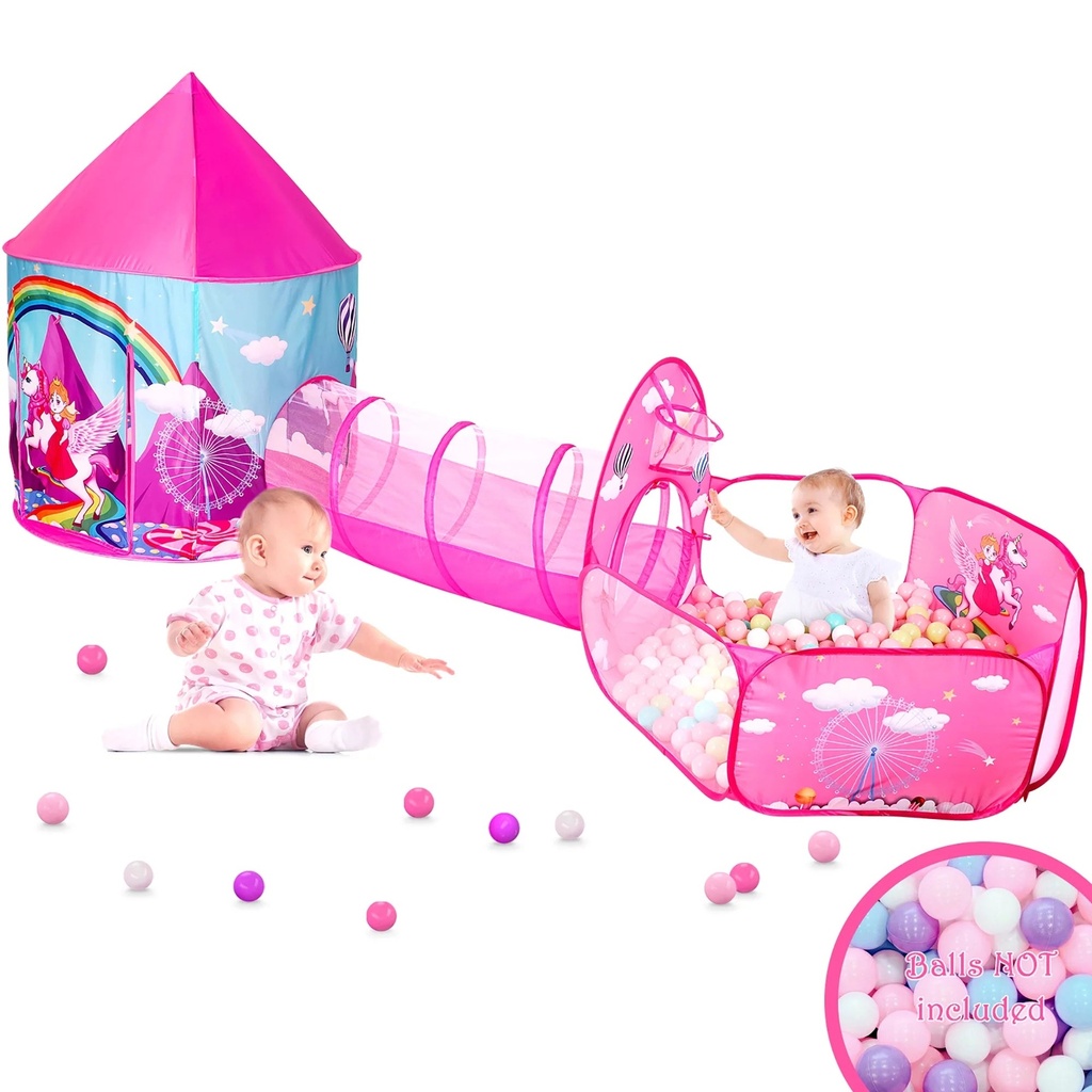 Wilwolfer 3Pc Girls Princess Castle Ball Pit for 3 6 Years Kids Toddlers Play Tent with Crawl Tunnel Indoor Outdoor