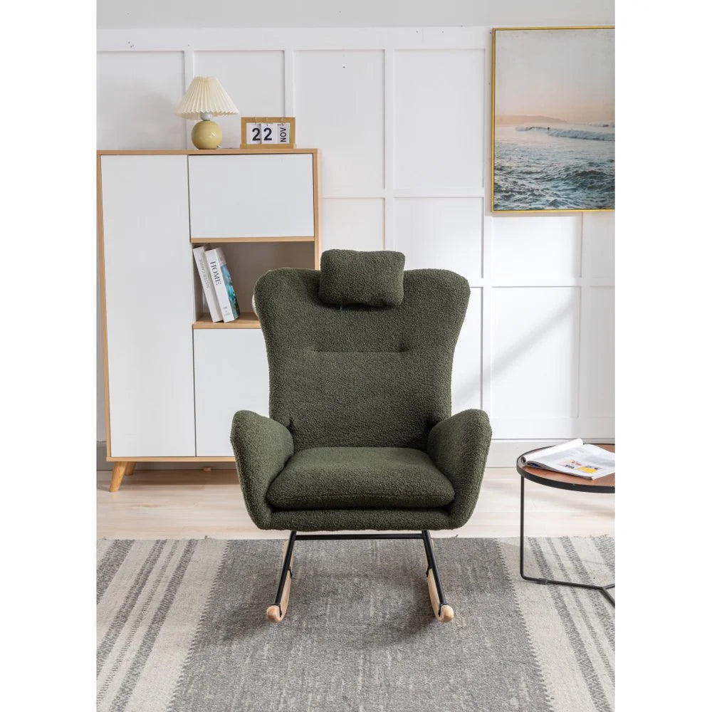 Hassch Rocking Chair for Baby Nursery, Comfy Small Rocker with Neck Rest and Pocket, Modern Upholstered Accent High Back Armchair for Living Room, Bedroom, and Office (Dark Green)