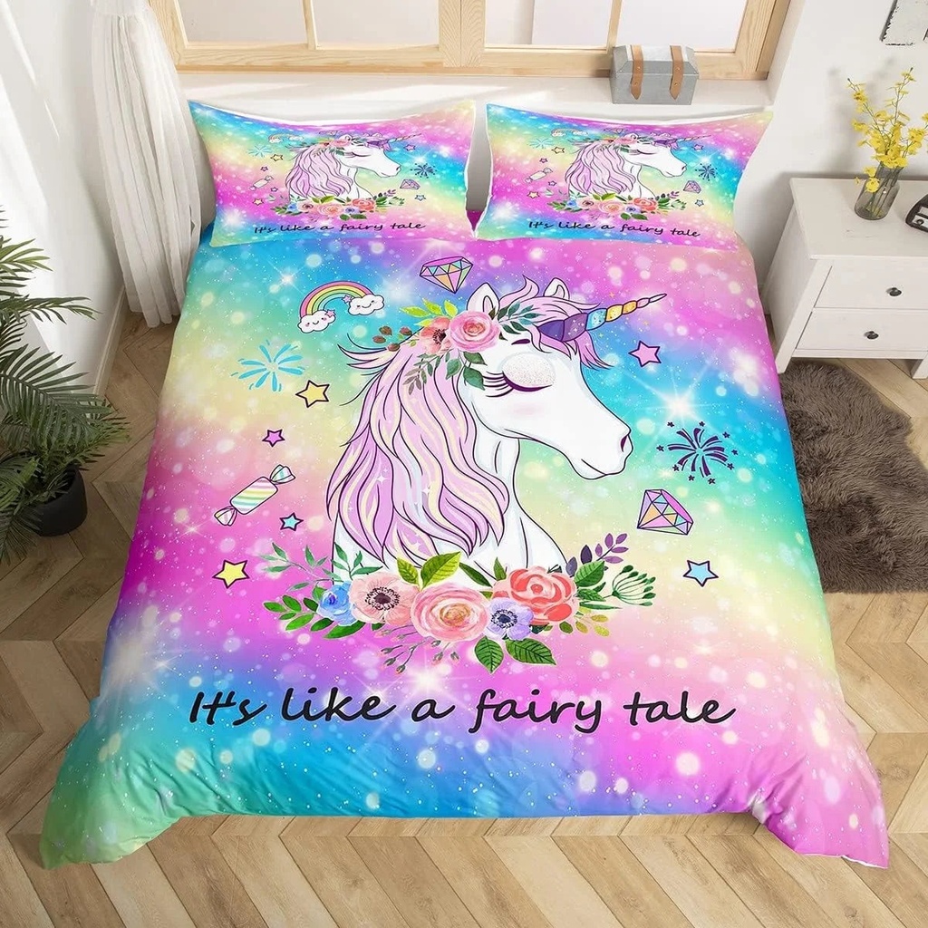 Unicorn Gifts for Girls,Kawaii Duvet Cover Glitter Galaxy Bedding Set for Kids Toddler,Cartoon Magical Animal Comforter Cover Cute Horse Twin Bed Set,Rainbow Unicorn Room Decor for Girls Bedroom