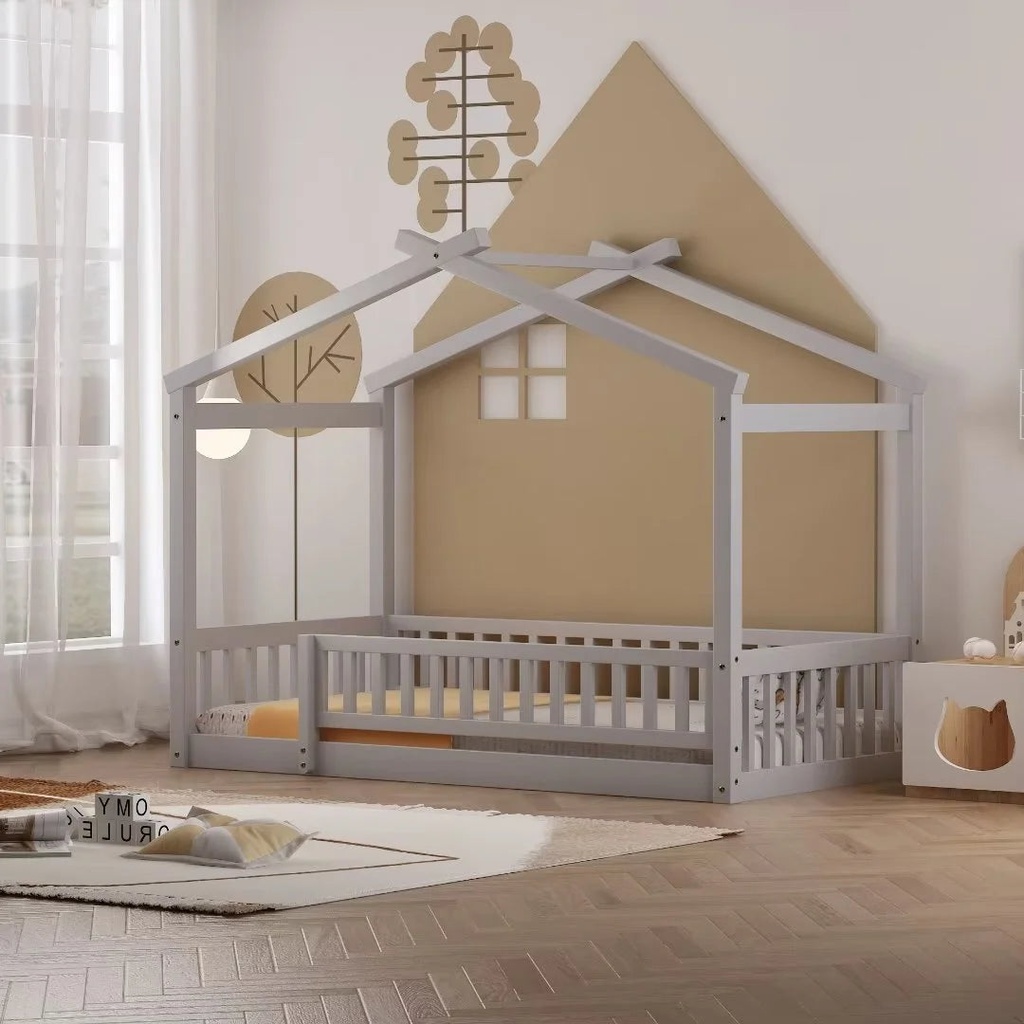 Twin Size House Bed, Wood Floor Bed with Fence and Roof, Montessori Bed Playhouse Bed Toddler Bed Frame for Kids Girls and Boys, Gray