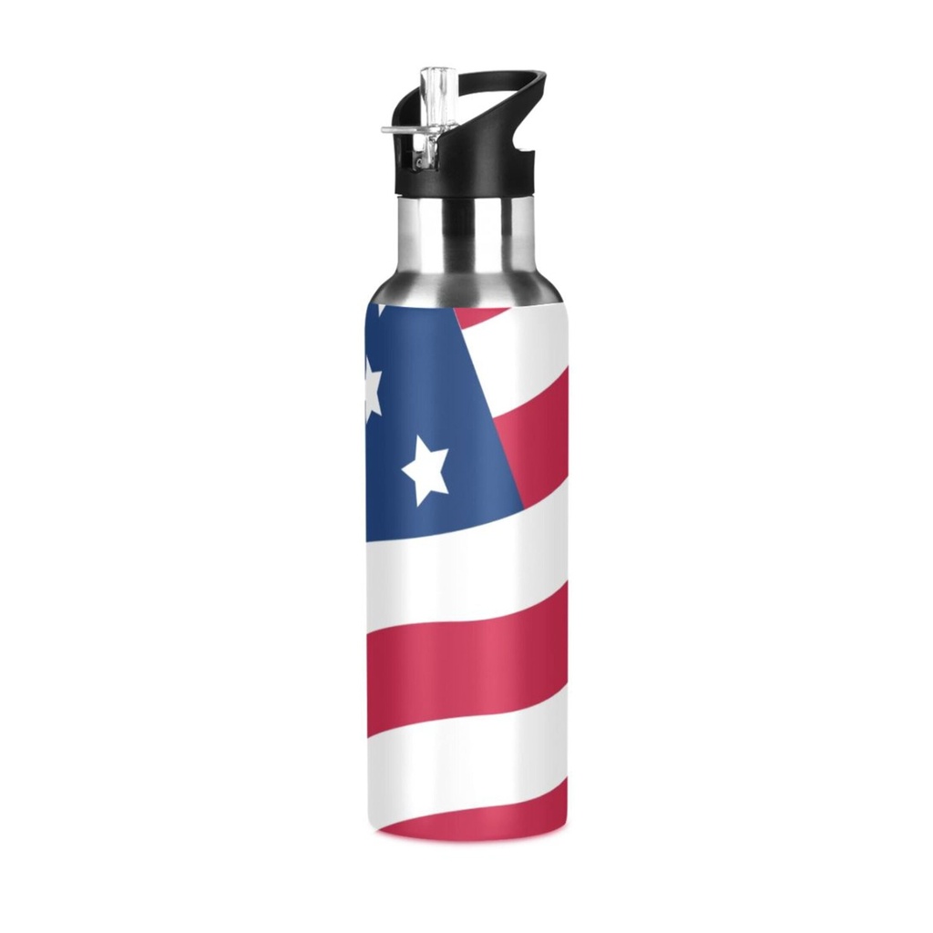 Water Bottle with Straw Lid Leak American Flag Stainless Steel Insulated Thermos Vacuum Flask for Cold Hot Drinking for Sports Camping Gym Yoga