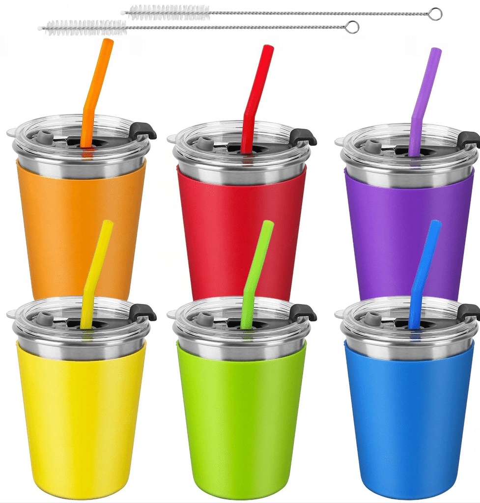 Ssawcasa 6Pcs Kids Cups with Straws and Lids, 12Oz Toddler Straw Cups with Silicone Sleeves, Spill Proof Sippy Cups Stainless Steel Water Tumblers for Cold & Hot Drinks for Adult and Children