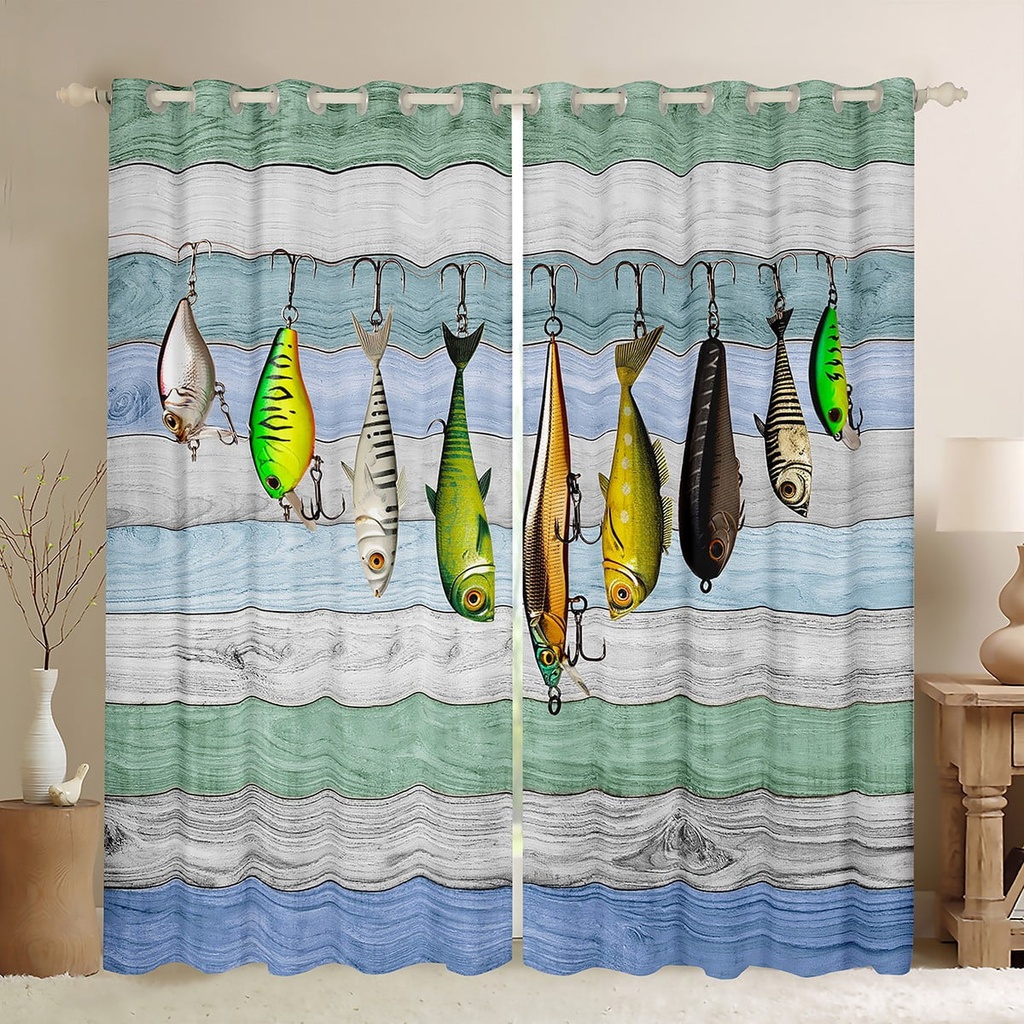 Colorful Fish Curtains, Fish Hook Fishing Blackout Curtains for Kids Boys Girls Teens, Rustic Farmhouse Window Curtains & Drapes for Bedroom Living Room, Western Style Darkening Curtains 42"X63"