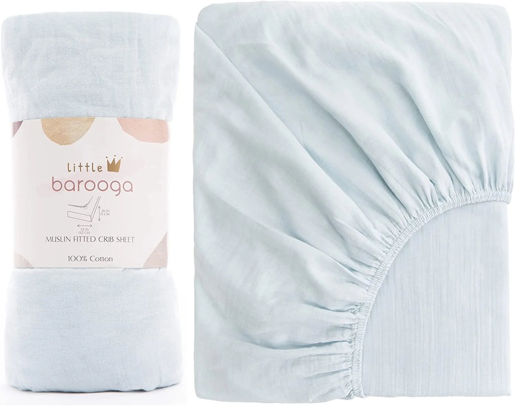Barooga Muslin Crib Sheets for Boys and Girls, 28"X 52" + 9" , 100% Cotton Neutral Fitted Sheet (Baby Blue)