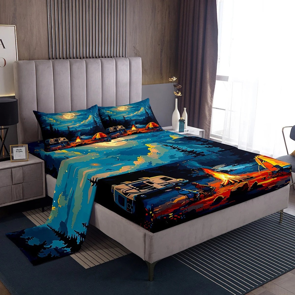 Twin Size Camper Sheets for Travel Trailers, Happy Camping Sheet Set Travel Car Rv Accessories Twin Bed Sheets Set, Tents for Camping Adventure Design Flat Fitted Sheet Cartoon Room Decor