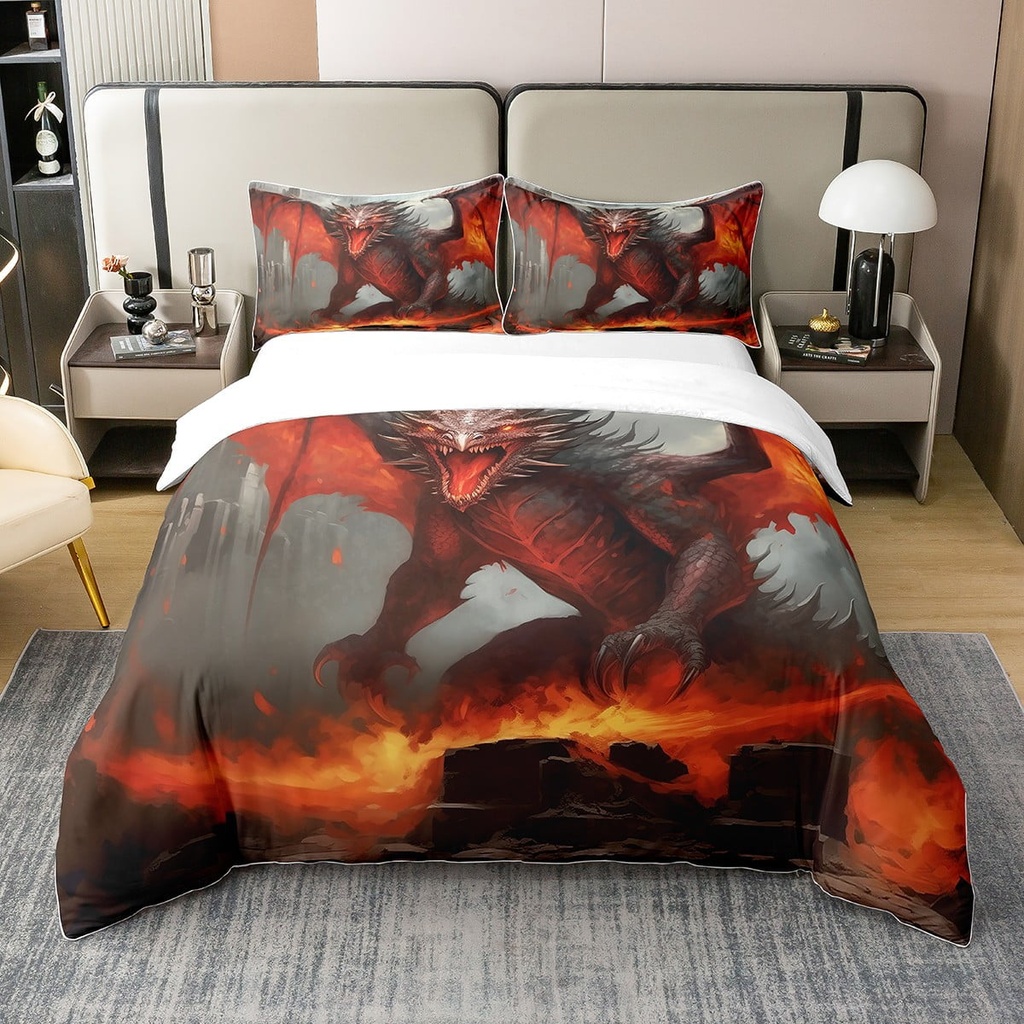 YST Dragon Twin 100% Natural Cotton Duvet Cover for Boys Girls Kids,Fire Print Trippy Bedding Set Gothic Home Decor,Mysterious 3D Dragon Comforter Cover Wild Safari Animal Bed Set 2Pcs