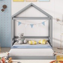 Bellemave Full Size House Bed for Kids, Wood Montessori Floor Bed with House-Shaped Headboard, Toddler Floor Bed with Guardrail for Kids, Girls and Boys (Gray)