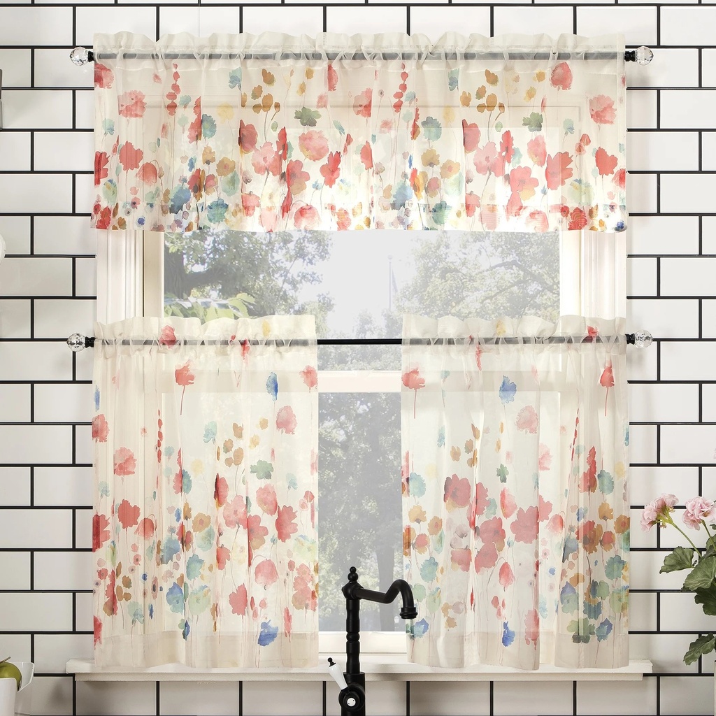 No. 918 Rosalind Floral Watercolor Semi-Sheer Rod Pocket Kitchen Curtains, 54" X 36"