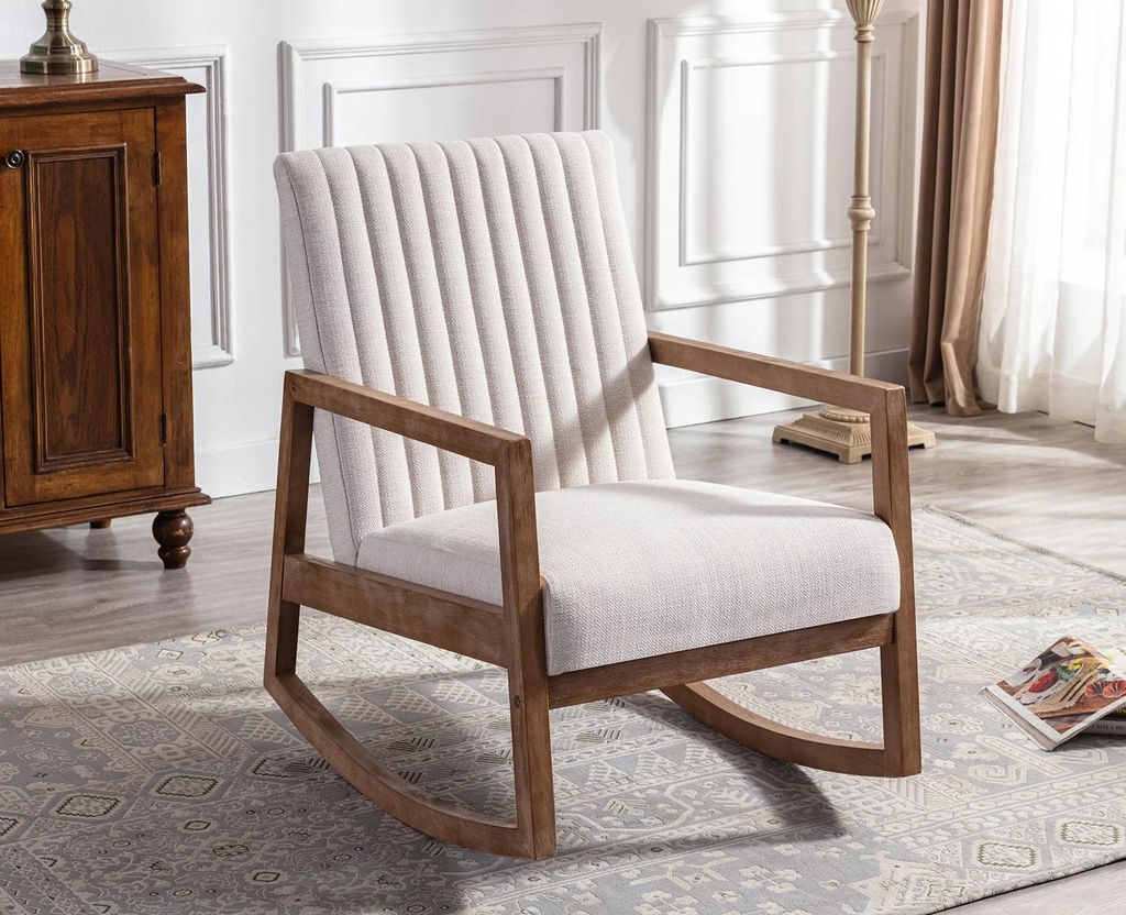 Guyou Modern Rocking Chair, Mid Century Linen Upholstered Farmhouse Wood Frame Armchair for Living Room Bedroom, Beige
