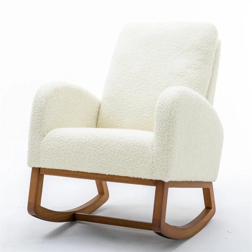 Rocking Armchair, Upholstered Nursery Rocking Chair with Tall Back Design and Side Pocket, Modern Rocking Chair with Rubber Wood Legs for Living Room Home Office, 27.1"Lx37"Wx39.7"H, Beige Teddy