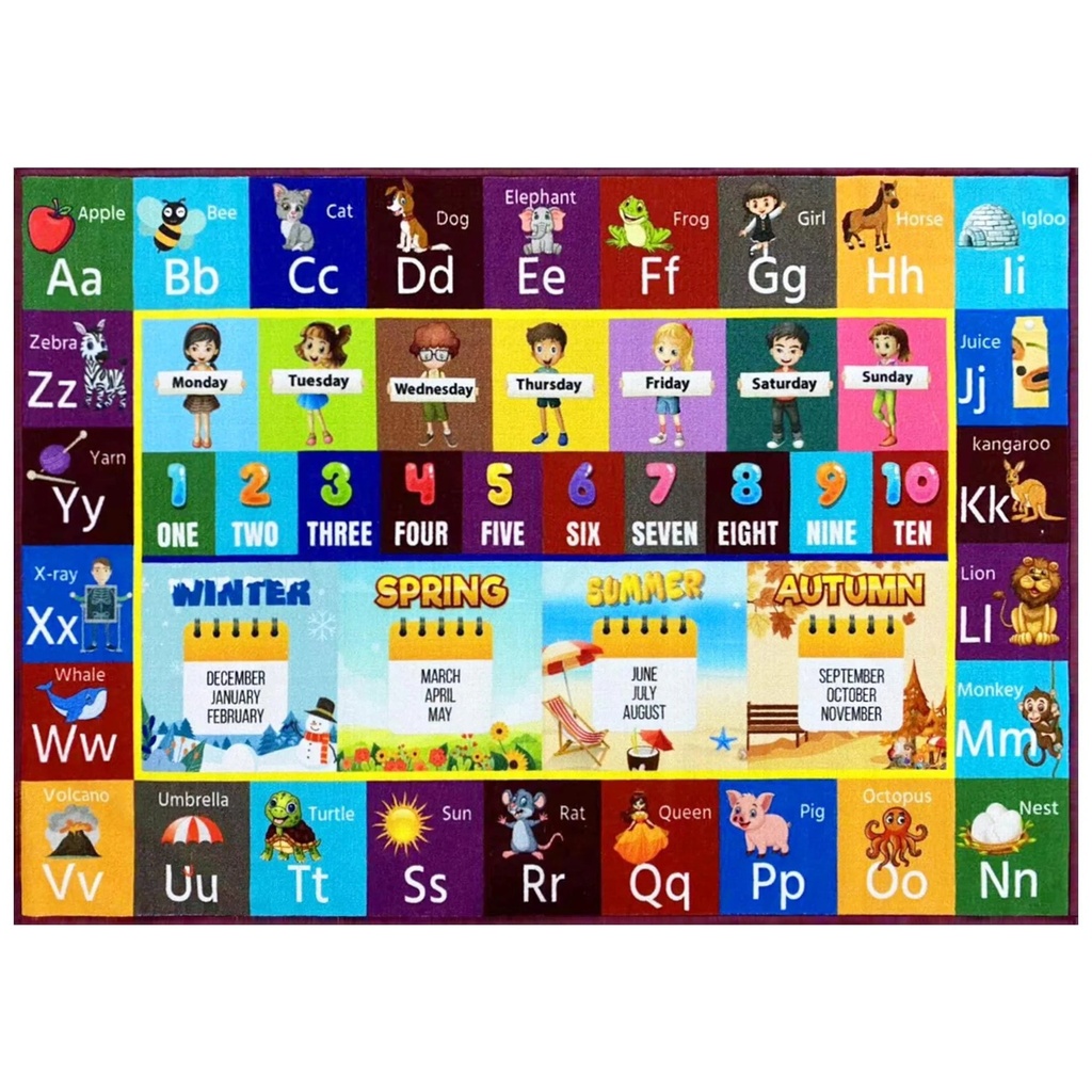 MOMOTOYS Kids Rug Learning Collection, ABC Alphabet, Numbers, Animals and Shapes Educational Learning & Game Area Playroom Rug Carpet for Kids and Children Bedrooms Amazing Coloring Book as a Gift