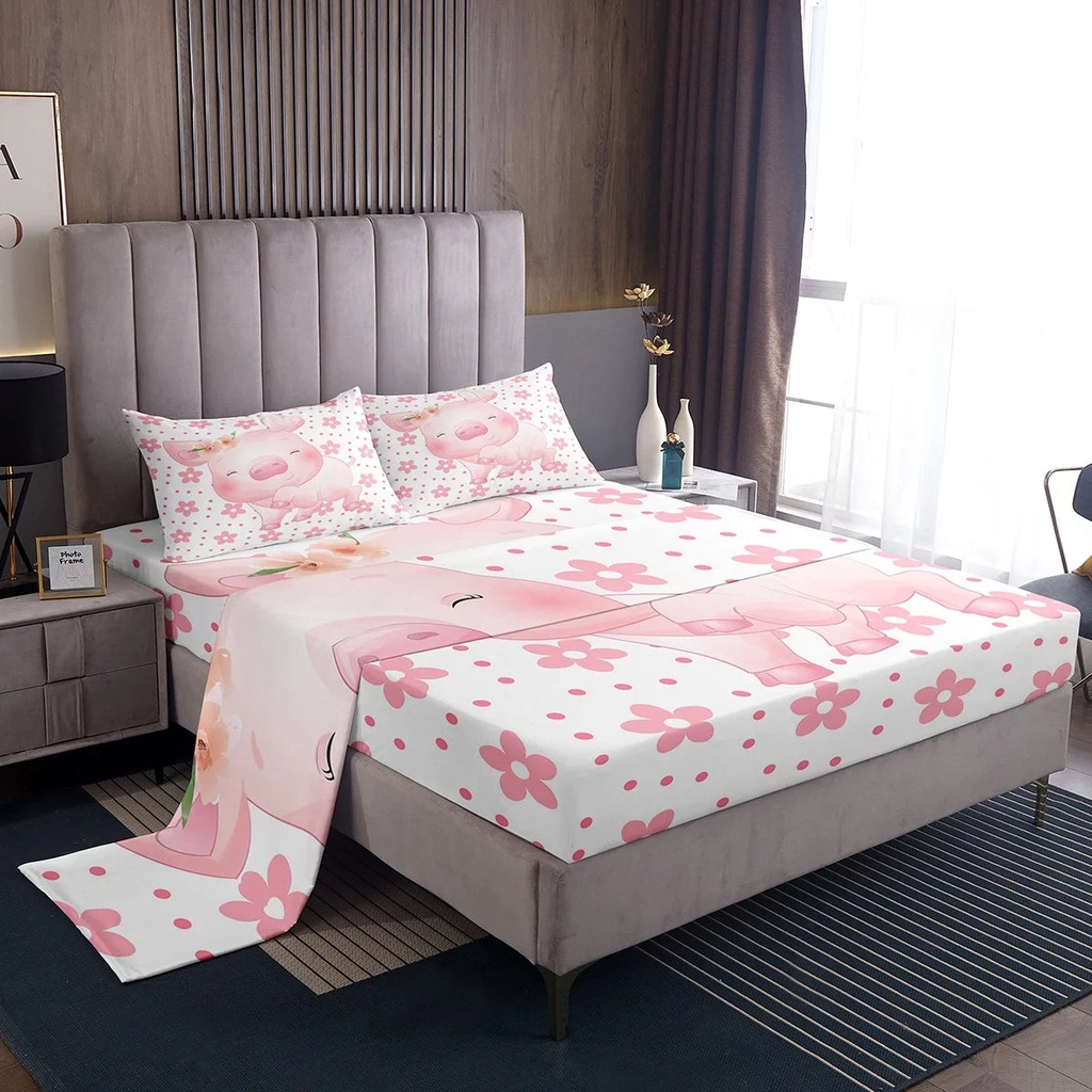 YST Kawaii Animal Bed Set for Kids Cartoon Piggy Pig Bed Sheets Set, Pink Flowers Florals Sheet Set Twin Cute Polka Dots Sheets, Chic Cherry Blossoms Top Sheet 3Pcs