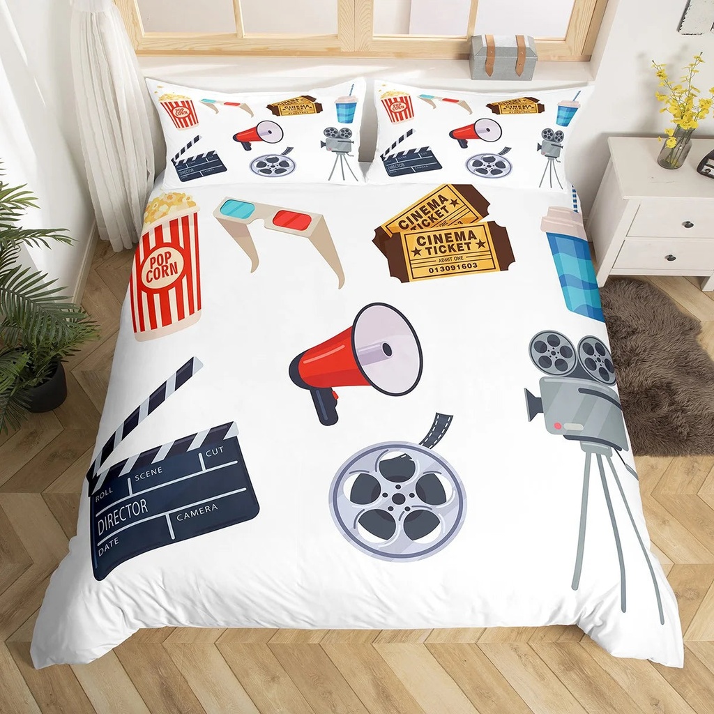 YST Movie Theater Duvet Cover Twin Size Retro Cinema Ticket with Popcorn Cola Bedding Set Vintage Cassettes Comforter Cover Film Snack Dessert Print Quilt Cover with Zipper Closure