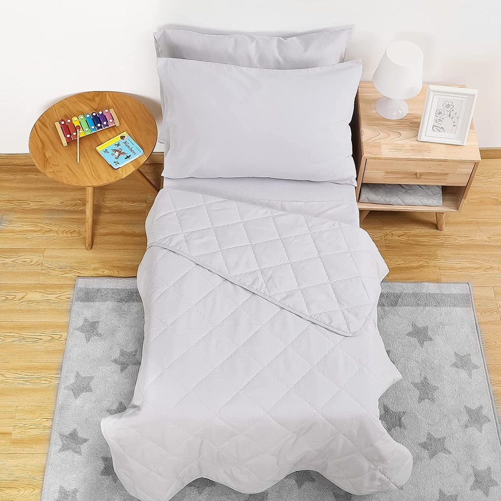 5-Piece Solid Toddler Bedding Set for Boys or Girls, Bed-In-A-Bag Microfiber Comforter Set, Includes 1 Top Flat Sheet, 1 Mattress Sheets, 1 Padded Quilt and 2 Envelope Pillowcases, Gray