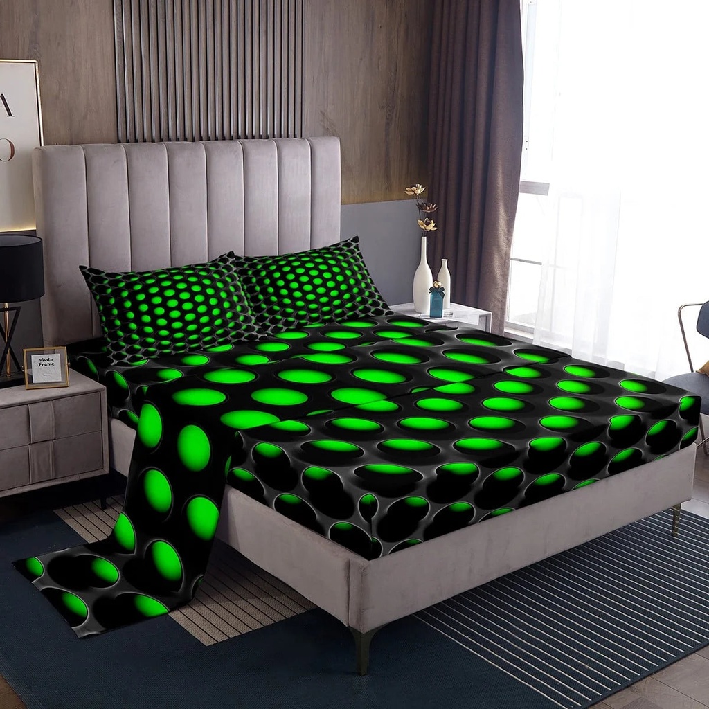 YST Geometric Boys Twin Size Bedding Set,Neon Black Green Sheet Set 3D Abstract Geometry Honeycomb Bed Sheets for Teen Men,Geometrical Beehive Fitted Sheet + Flat Sheet + 1 Pillow Case