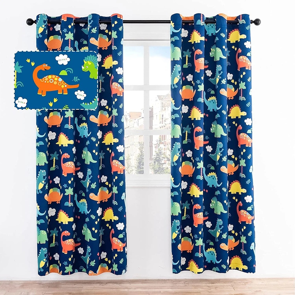 Anjee Blackout Curtains Set of 2 for Kids Bedroom Grommet Top Thermal Insulated Room Darkening Curtains, Cartoon Dinasour, 52" X 63"