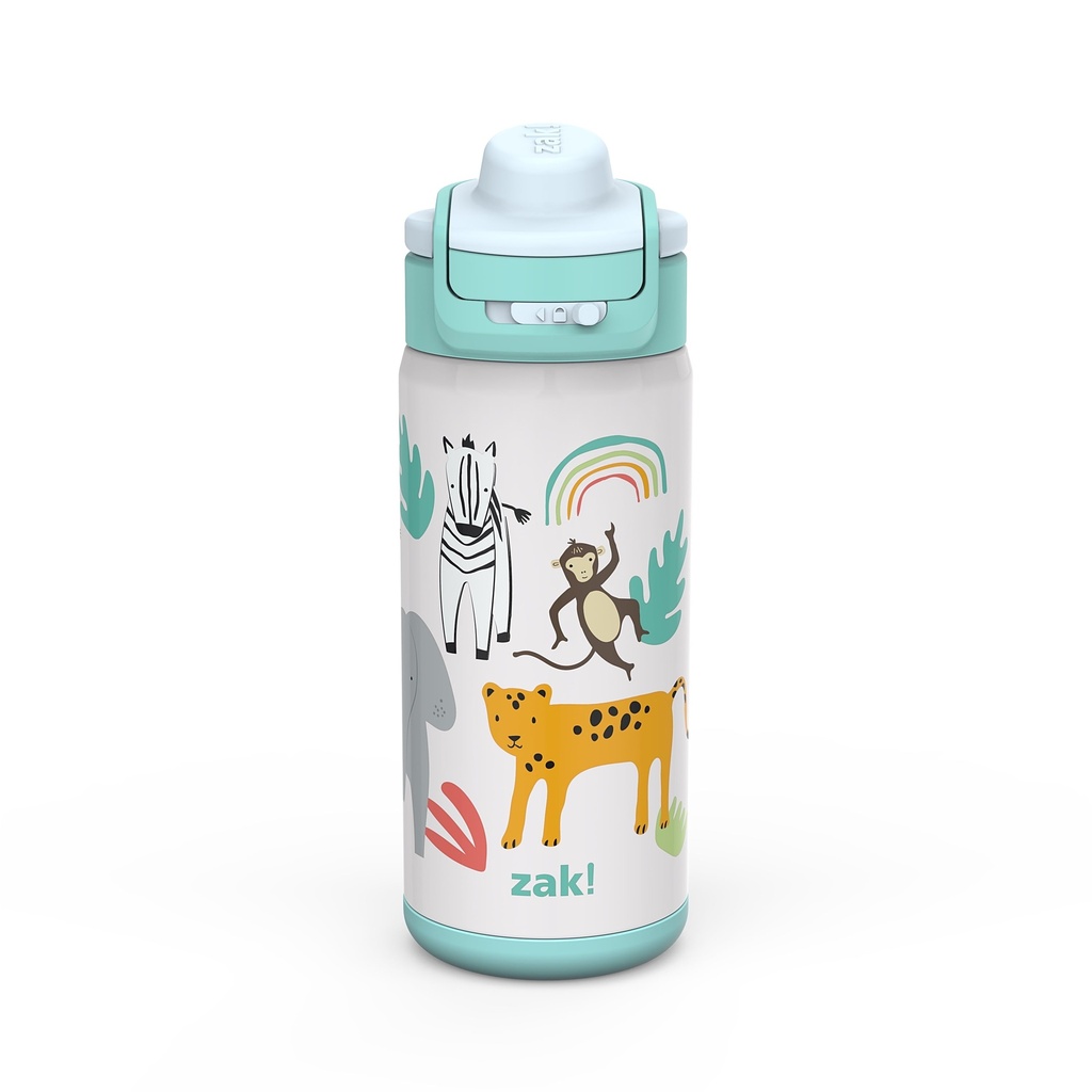 Zak Designs Lincoln 14Oz Stainless Steel Double Wall Insulated Water Bottle with Leak-Proof Design, BPA Free Reusable, Convenient Carry Handle for Travel, Safari