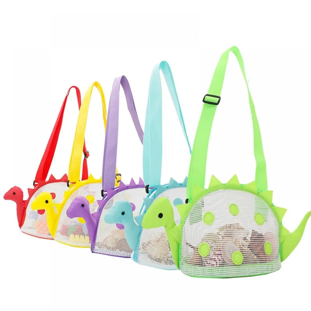 5 Pack Beach Toy Mesh Bag Kids Shell Collecting Bag Totes with Zipper for Holding Shells Cartoon Dinosaur Beach Sand Toy for Boys and Girls