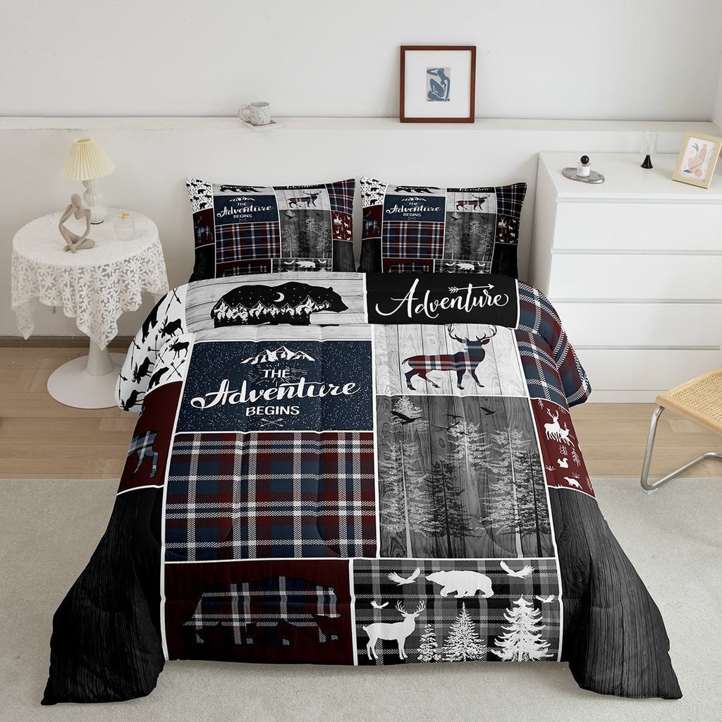 Rustic Cabin Lodge Comforter Set, Bear Deer Wildlife Quilt Twin Size, Country Forest Hunting Wild Animal Bedding Retro Plaid Checkered Patchwork down Comforter Farmhouse Decorations, Grey Black