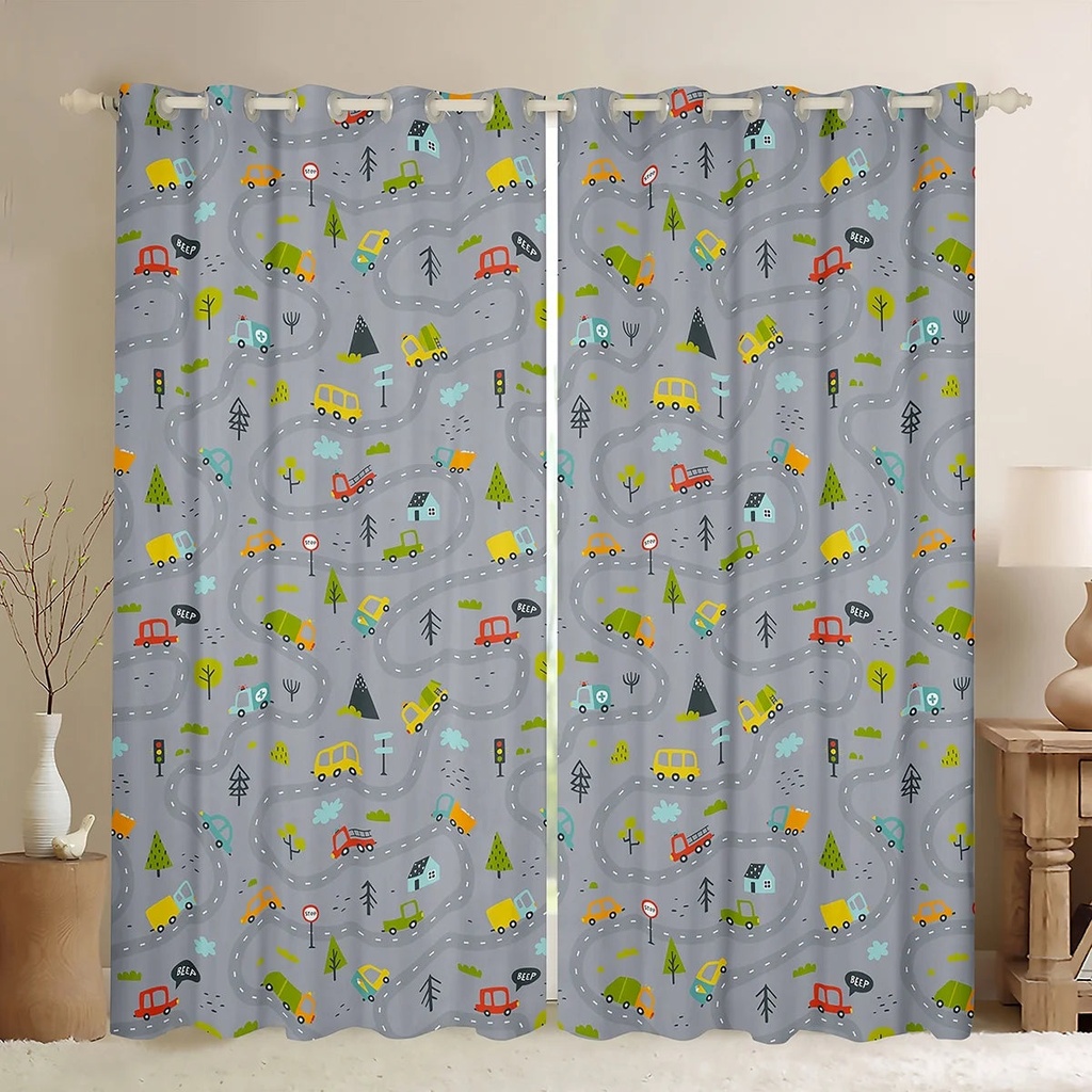 Truck Blackout Curtains, Cartoon Cars Curtains for Kids, Suburb Landscape Window Curtains, Roadway Road Map Darkening Curtains, Highway Traffic Vehicle Curtains Drapes Bedroom Decor, Grey 42"X63"