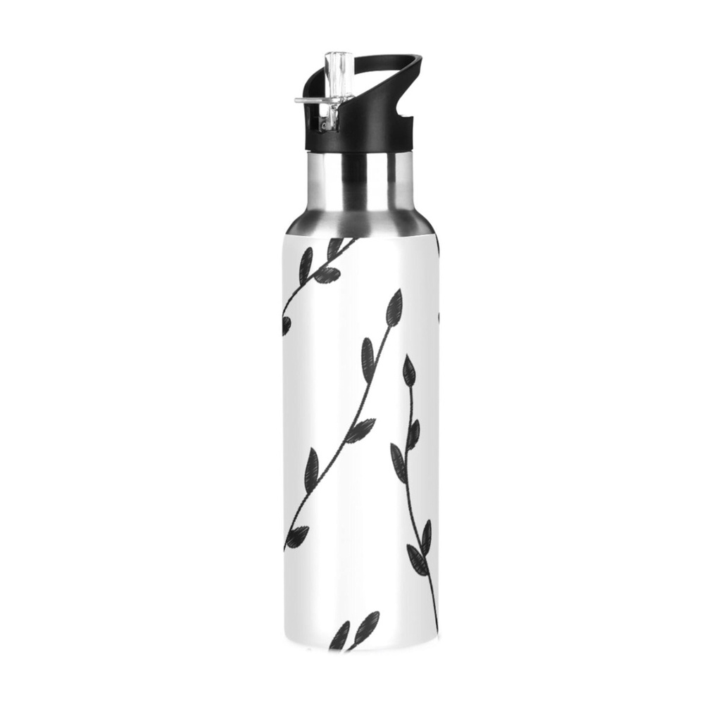 Water Bottle with Straw Lid Leak Black and White Pattern Branches Stainless Steel Insulated Thermos Vacuum Flask for Cold Hot Drinking for Sports Camping Gym Yoga