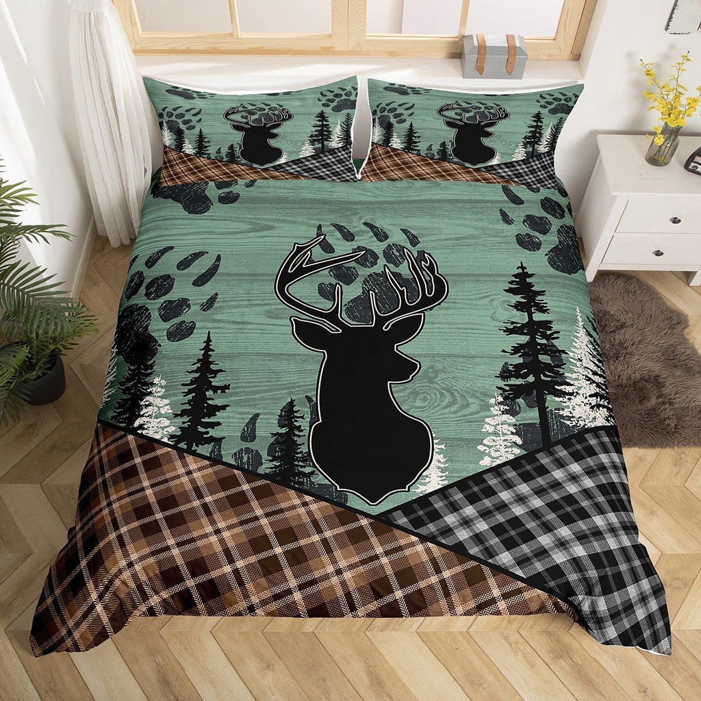 Rustic Deer Bedding Set Checkered Buffalo Plaid Comforter Cover,Woodland Wildlife Reindeer Moose Duvet Cover Twin Animal Paw Print Brown Black Grid Lattice Patchwork Bed Set,Farmhouse Decor