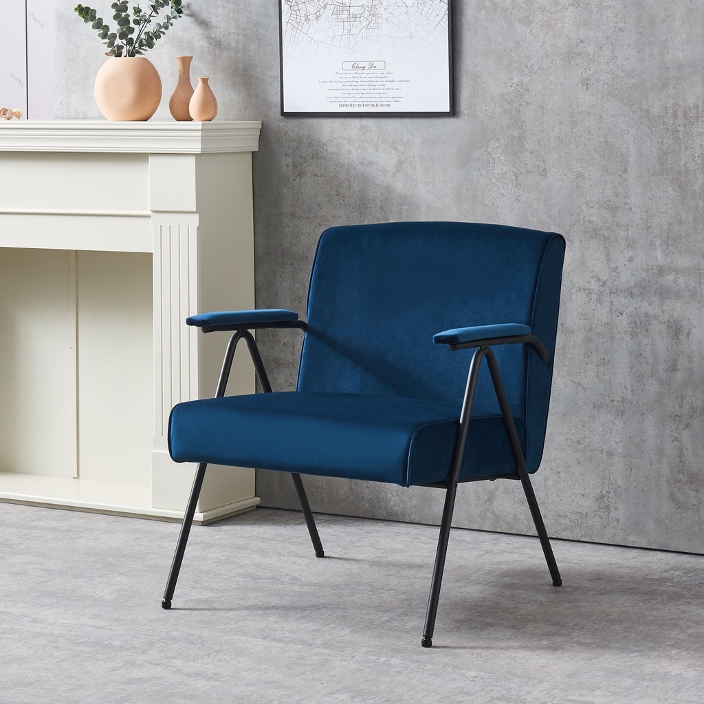 Modern Cloth Leisure Accent Chair, Antique Fabrics Tufted Accent Chair with Black Metal Frame, Home Soft Leisure Recliner, Blue