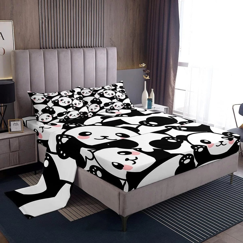 YST Panda Bed Sheets Twin, Kawaii Cute Panda Sheet Set for Kids Bedroom Decor, Black White Panda Bedding Set, Giant Panda Fitted Sheet, Cartoon Flat Sheet for Childern Boys Girls