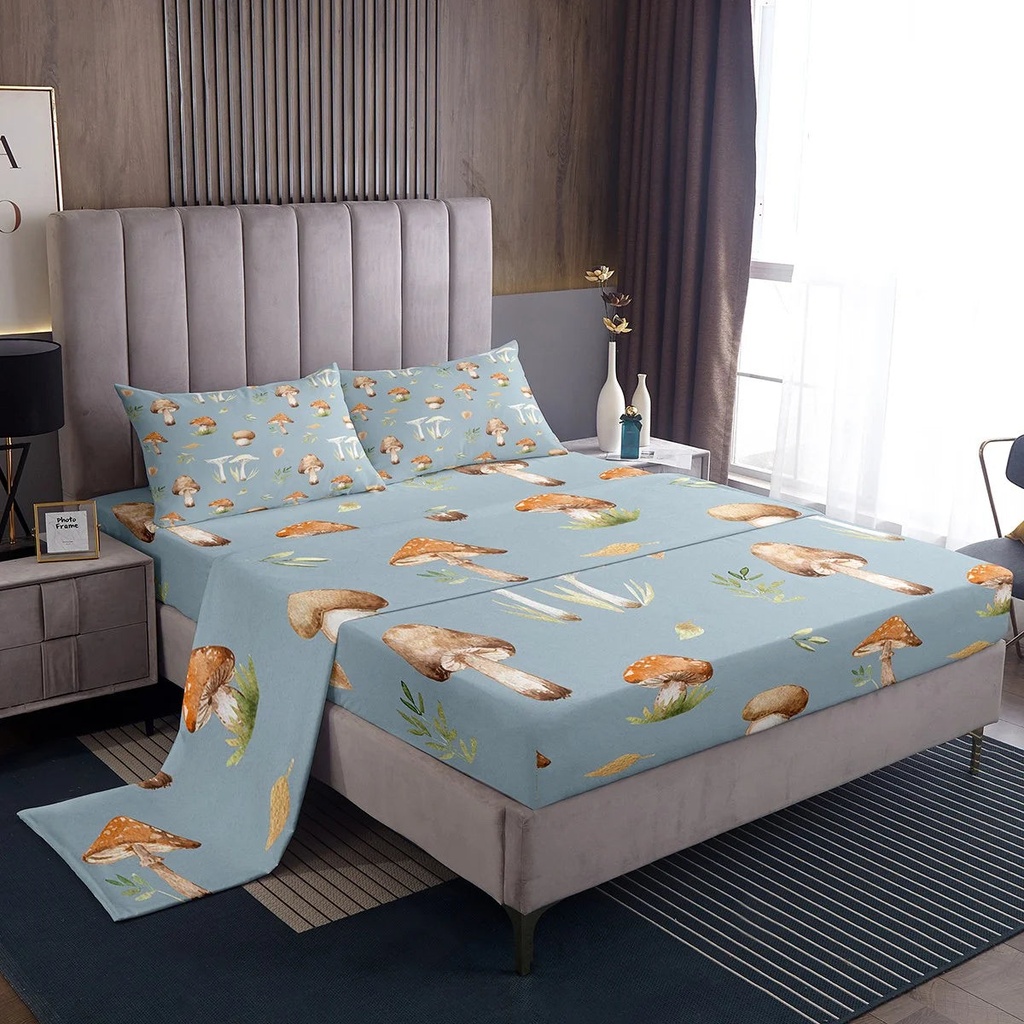 YST Kawaii Mushroom Twin Sheets Botanical Plants Bed Set, Natural Wild Fungus Bed Sheets Set Grey Blue Sheet Set, Green Leaves Grass Bedding Set for All Seasons Kids Bedroom Decor