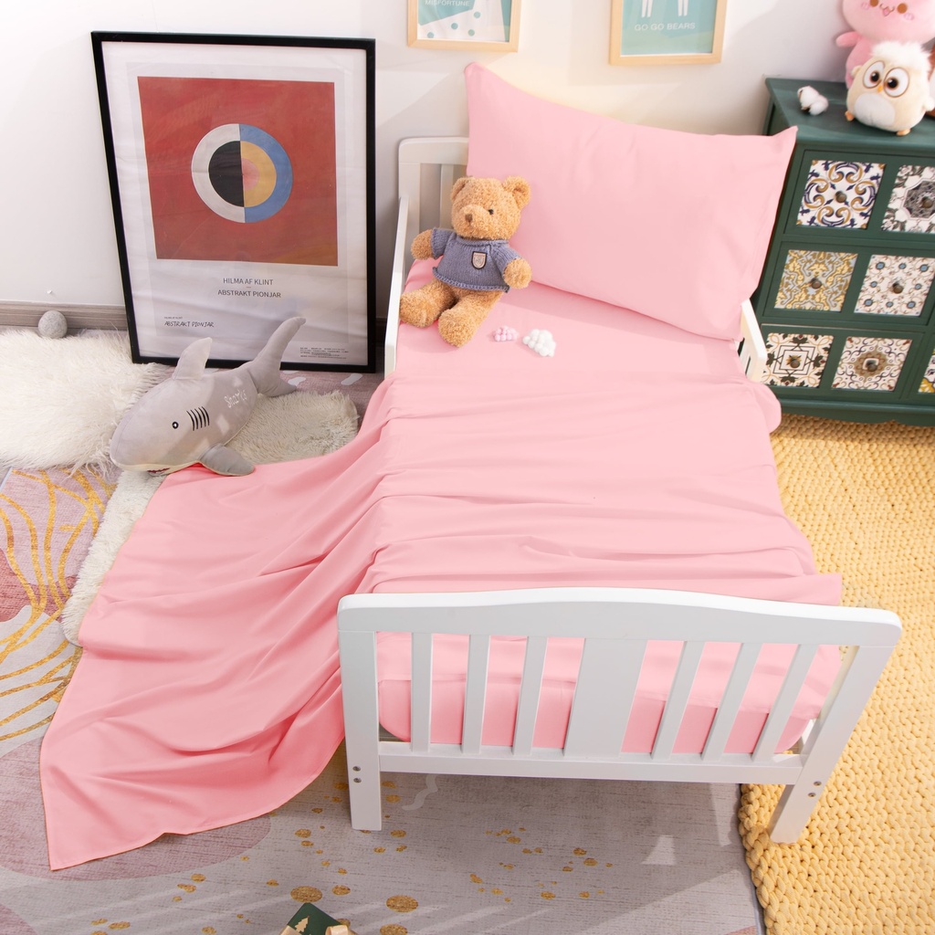 Flxxie Microfiber Toddler Sheet Set, Soft Crib Fitted Sheet Flat Sheet and Envelope Pillowcase, Baby Bedding Sheet & Pillowcase Sets, Pink, 3 Piece
