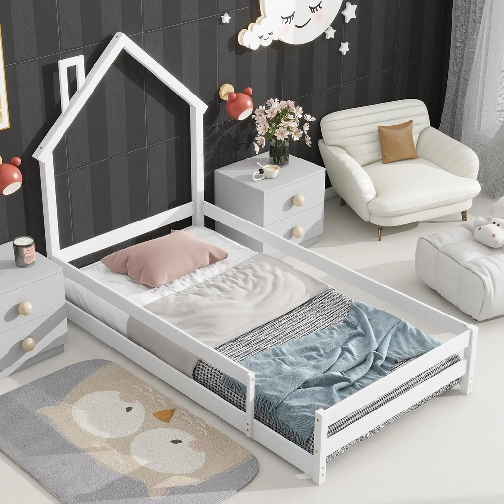 Ufurpie Twin Size Montessori Toddler Floor Bed Frame,Modern House-Shaped Frame Headboard Bed with Fences,Pine Wood with Full-Length Guardrails,Bed for Girls Boys(Without Slats),White
