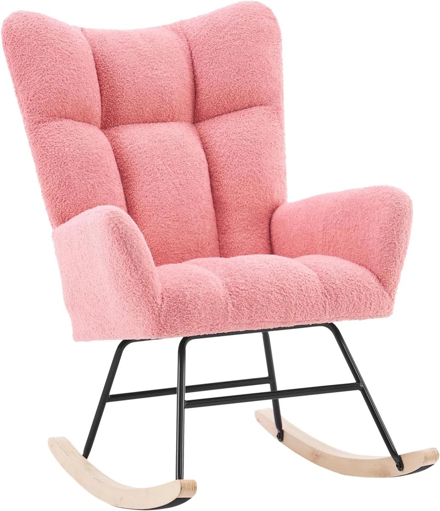 Rocking Chair for Nursery, Upholstered Teddy Fabric Nursing Chair with High Backrest, Modern Accent Glider Rocker Chair for Living Room Bedroom (Light Pink)