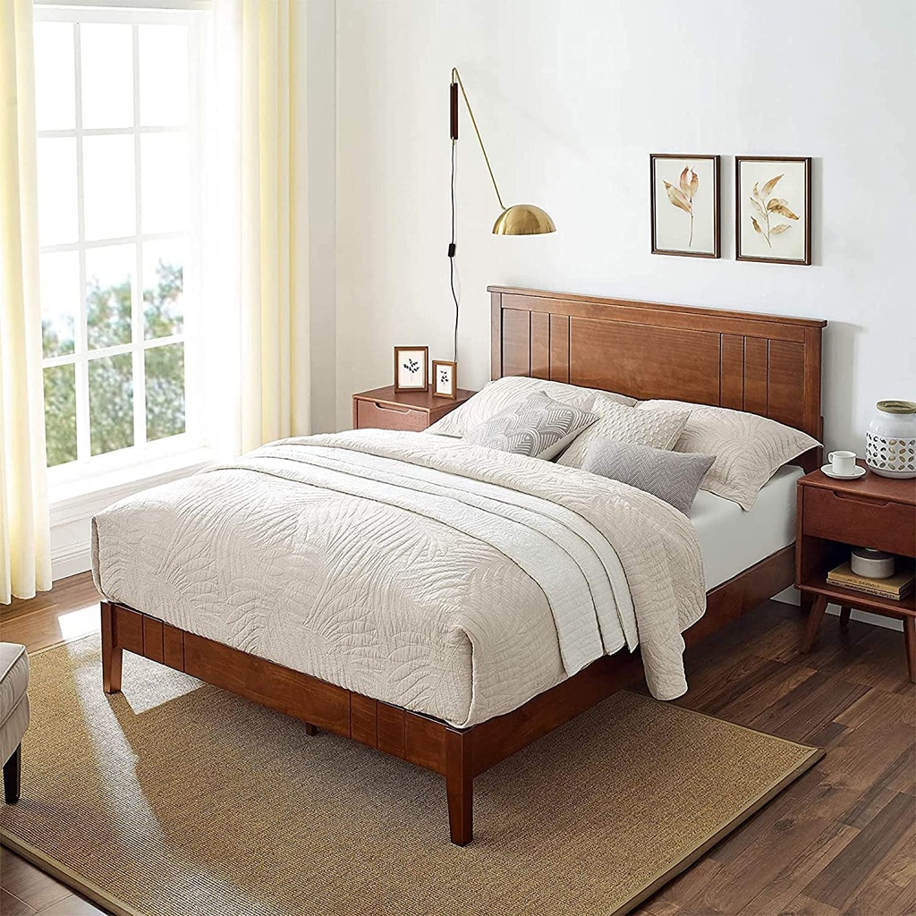 MUSEHOMEINC Mid-Century Modern Solid Wooden Platform Bed with Adjustable Height Headboard for Bedroom,Queen Size Wooden Bed Frame with Headboard,Wood Slat Support & No Box Spring Needed,Queen