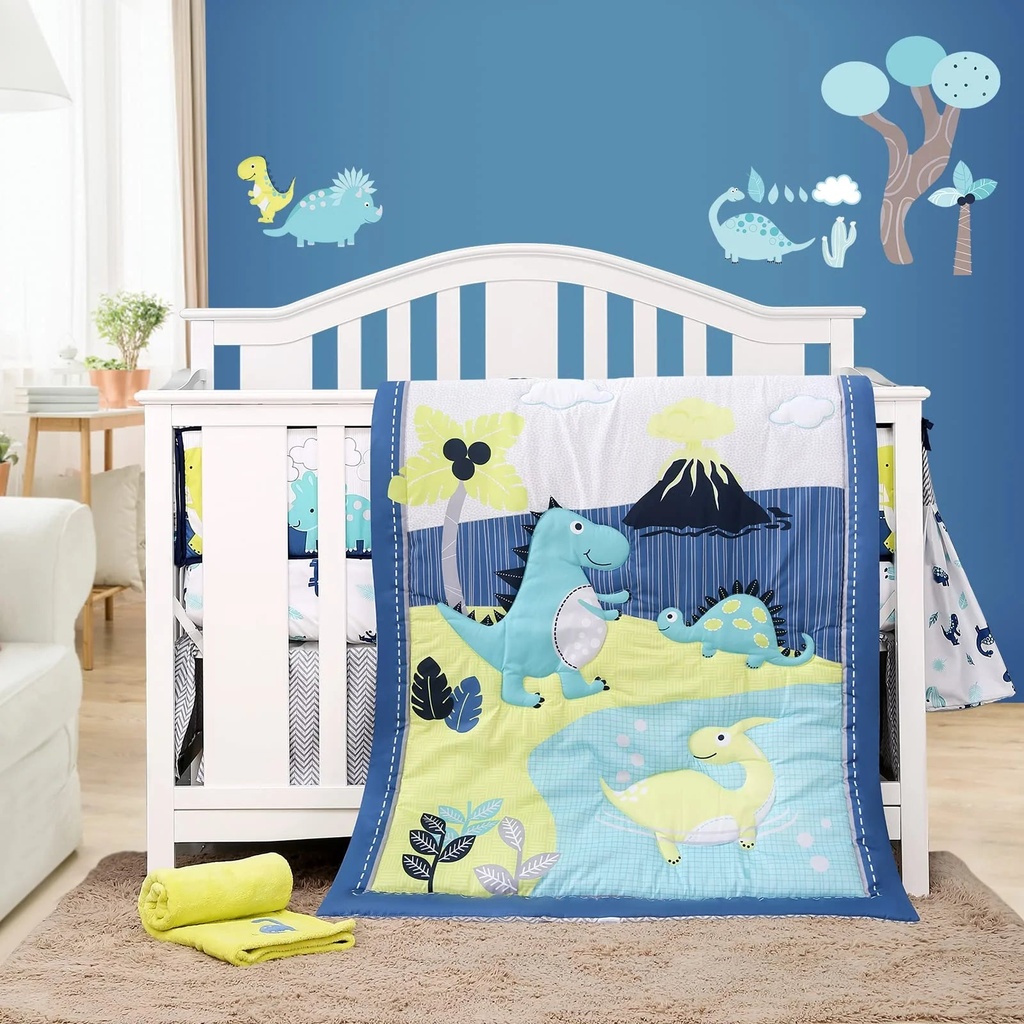 8 PC Dinosaur Crib Bedding Set for Baby Boys, Blue Nursery Set with Quilt/Sheet/Dust Ruffle/Blanket/Diaper Stacker/3 Wall Stickers