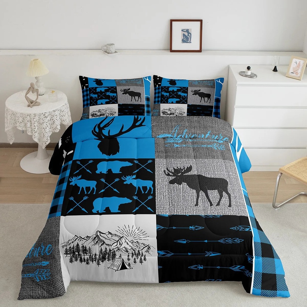 Deer Antlers down Comforter Twin,Geometric Plaid Patchwork Quilt for Kids Teens Adult,Farmhouse Bear Moose Comforter Set Camping Hunting Rustic Lodge Duvet Insert with 1 Pillow Case,Grey Black Blue