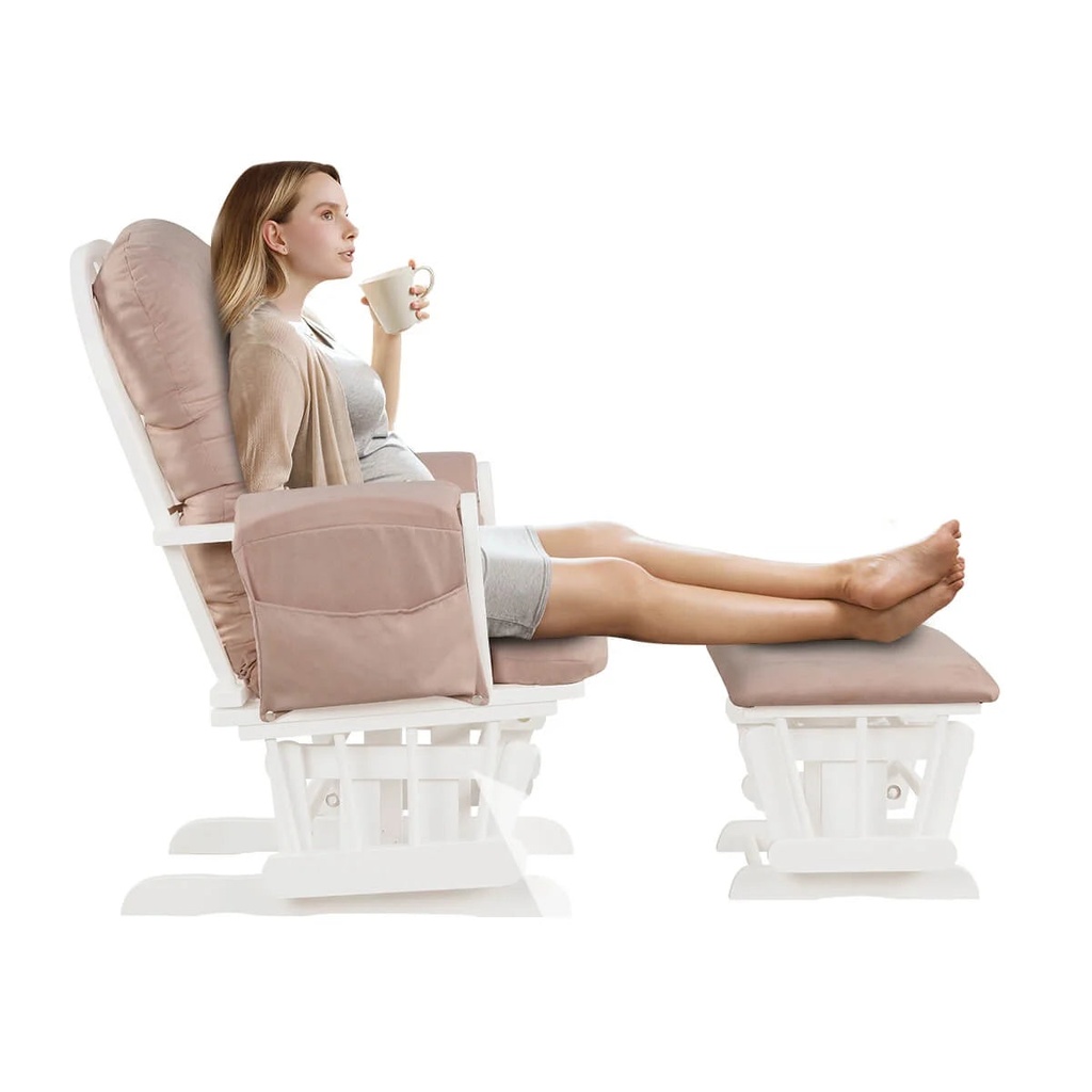 Coelon Glider Rocker with Ottoman, Solid Wood Gliding Chair Set Padded Cushion Baby Nursery Rocking Chair for Relaxing Pink