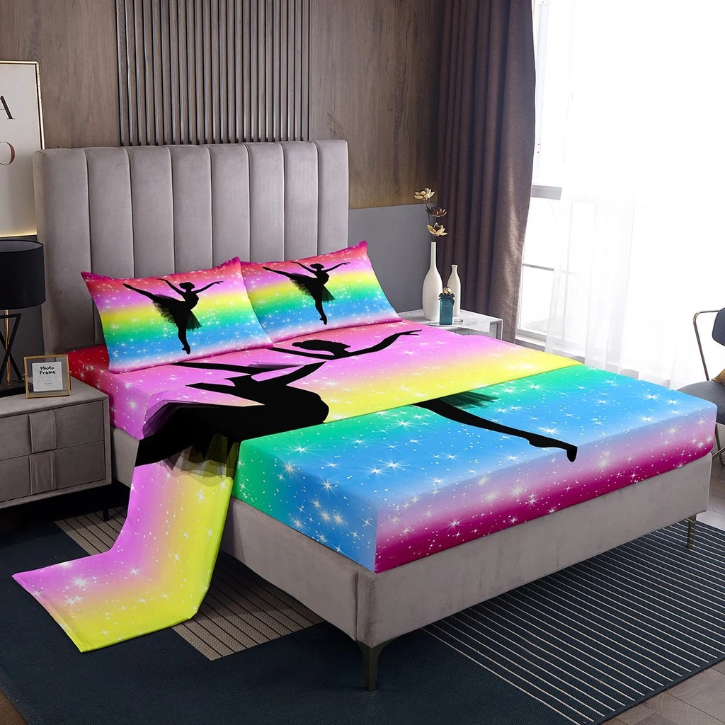 Rainbow Fitted Sheet for Girls, Ballet Decor Bed Sheets Set Dancing Ballerina Silhouette Sheet Set Twin Size for Kids Teens Women Bedroom, Tie Dye Starry Sky Bedding Set 3Pcs with 1 Pillow Case