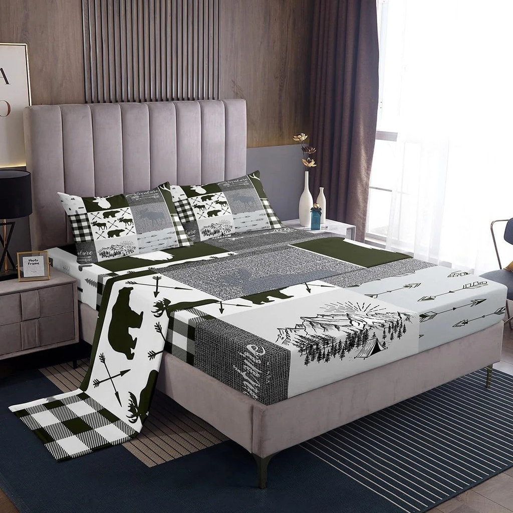 Retro Cabin Sheet Set 3Pcs Rustic Bear Deer Fitted Sheet for Kids Boys Teens Adult, Hunting Wildlife Wild Animal Bed Sheets Twin Size Plaid Lodge Farmhouse Western Country Top Sheet, Grey White