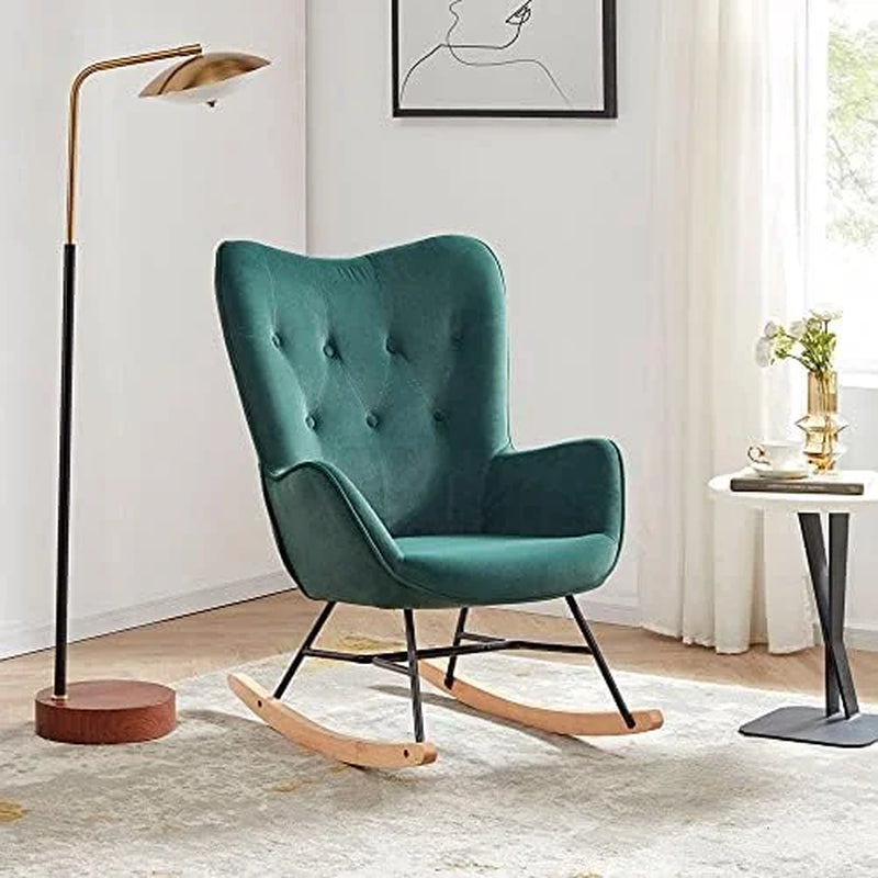 GEROBOOM Mid Century Modern Rocking Chair Upholstered Velvet Armchair with Tufted Buttons Vintage Comfy Glider Chair for Living Room Bedroom Nursery - Finnegan (Blue)