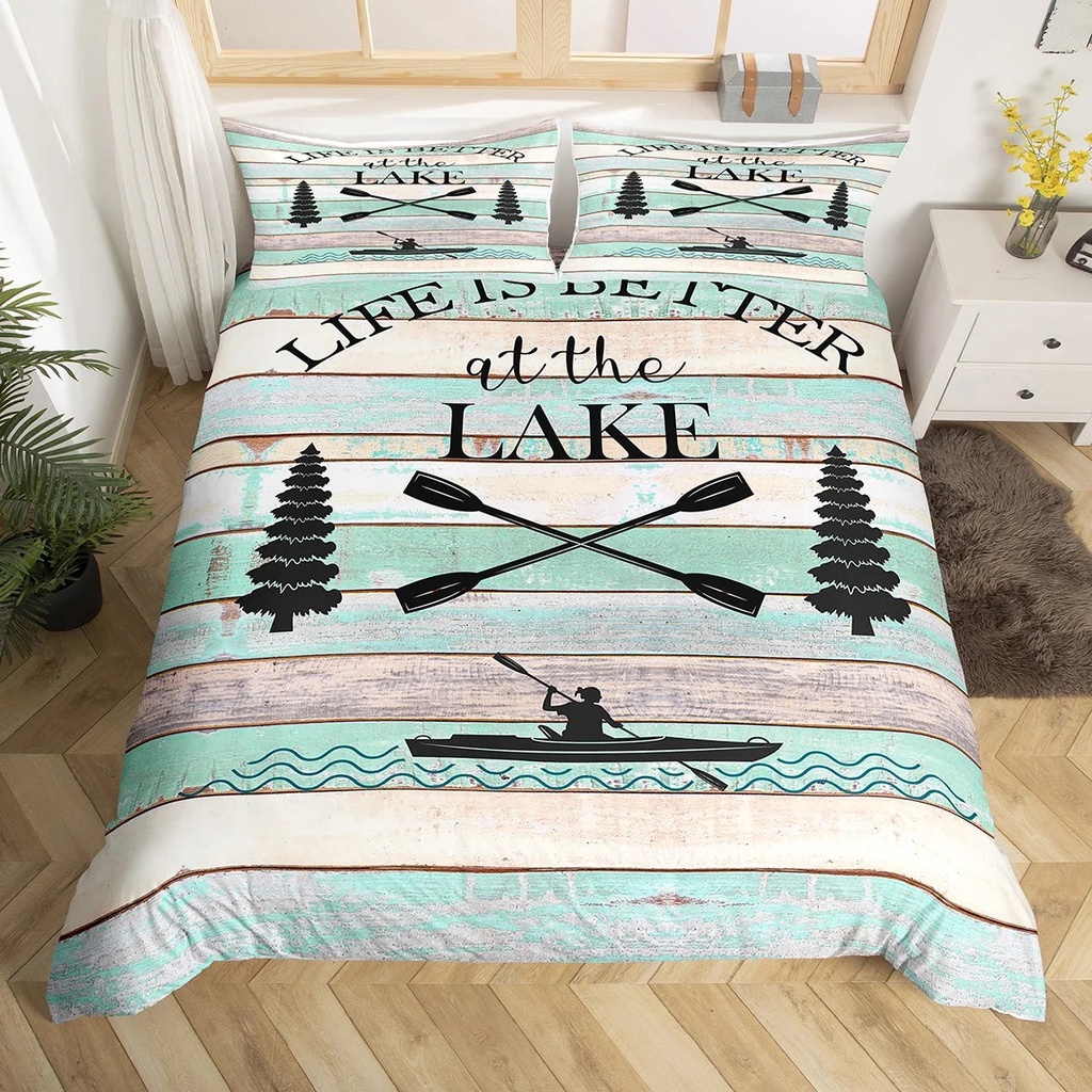 YST Kids Lake House Duvet Cover 2Pcs, Lake Paddle Decor Comforter Cover Twin Size, Rustic Farmhouse Bedding Set Lake Cabin Decor, Retro Wood Grain Quilt Cover for Teens Adult Women Men