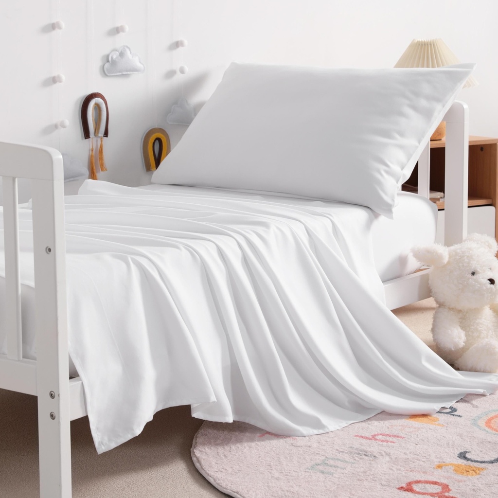 Organictune 3 Pieces Microfiber Toddler Bed Sheet Set, Easy Care and Breathable Crib Bedding Set for Boys and Girls, White, Include Crib Fitted Sheet, Flat Sheet, Envelope Pillowcase
