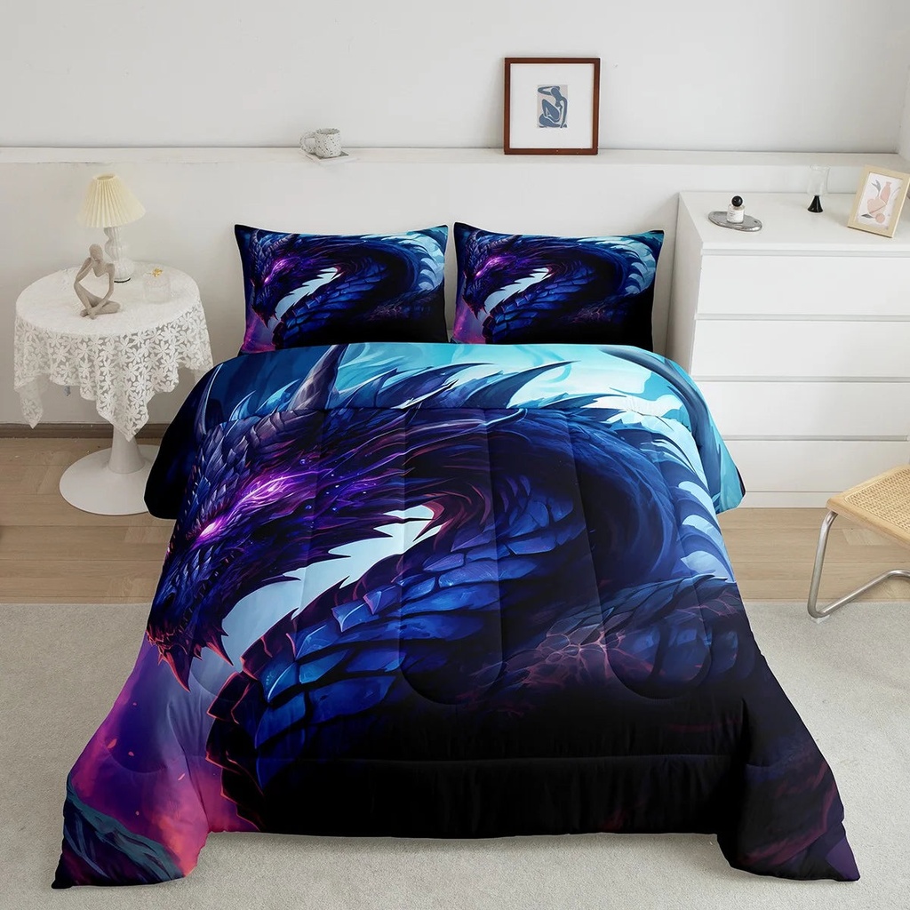 YST Dragon Twin Bedding Set for Girls Boys Kids,3D Goth Dragon Comforter Set Psychedelic Room Decor,Safari Animals Bedding Comforter Sets Purple Blue Trippy Quilt Bed Set 2Pcs