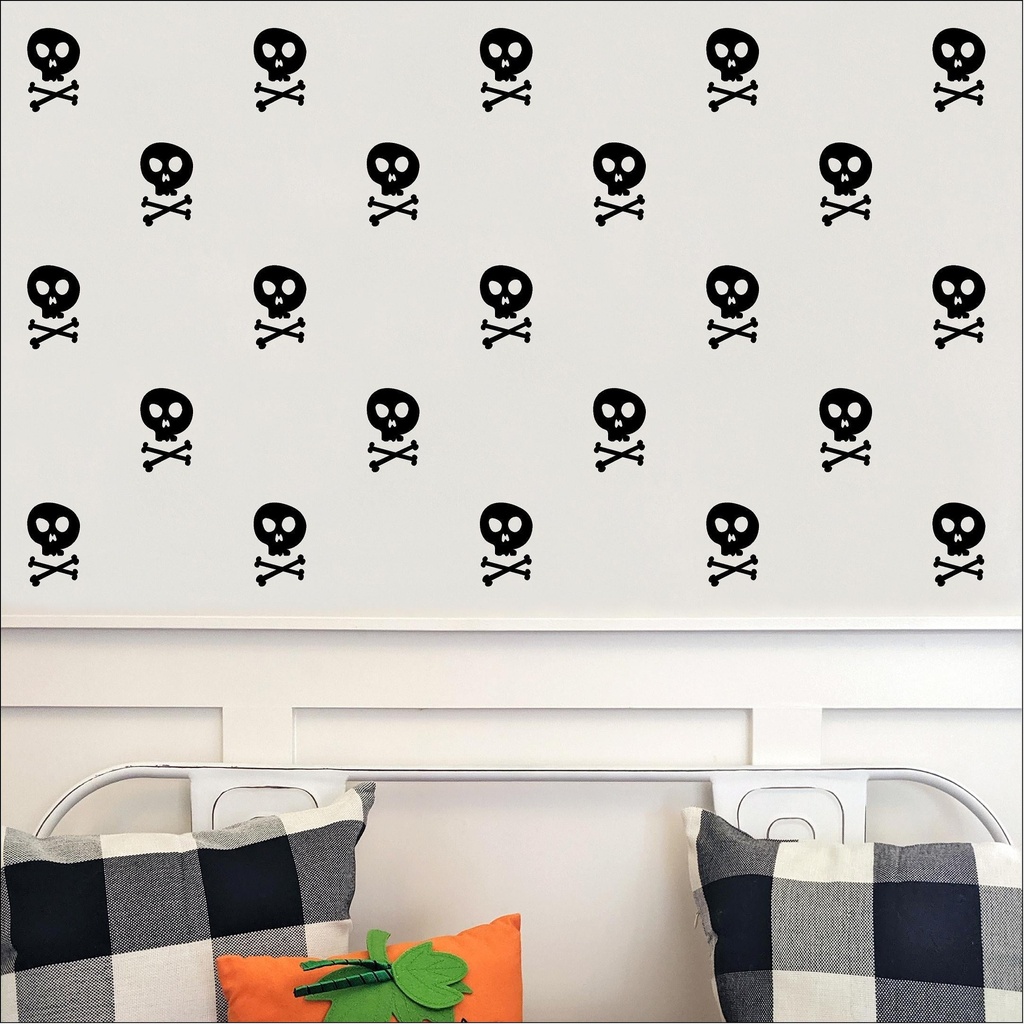Cute Skull and Cross Bones Halloween Spooky Wall Pattern Decals and Decor Vinyl Lettering Decal Stickers Self Adhesive - Set of 24 - Size: 5”H X 3.25”L (Each) - Color: Black