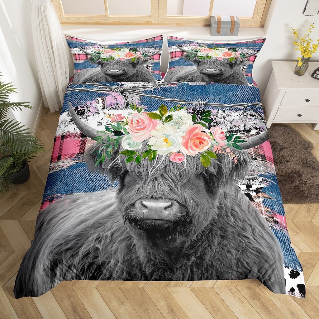 Highland Cow Twin Bedding Set for Boys,Blue Denim Comforter Cover Pink Checkered Buffalo Plaid Duvet Cover Longhorn Bull Bed Set,Cattle Farm Animals Farmhouse Wildlife Western Decor