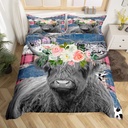 Highland Cow Twin Bedding Set for Boys,Blue Denim Comforter Cover Pink Checkered Buffalo Plaid Duvet Cover Longhorn Bull Bed Set,Cattle Farm Animals Farmhouse Wildlife Western Decor